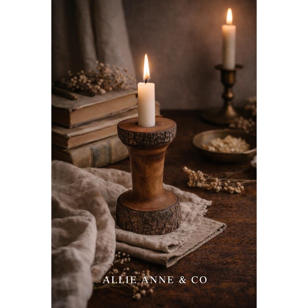 Rustic Wood Candle Holder | Natural Bark Edge Pedestal, Primitive Lodge Decor